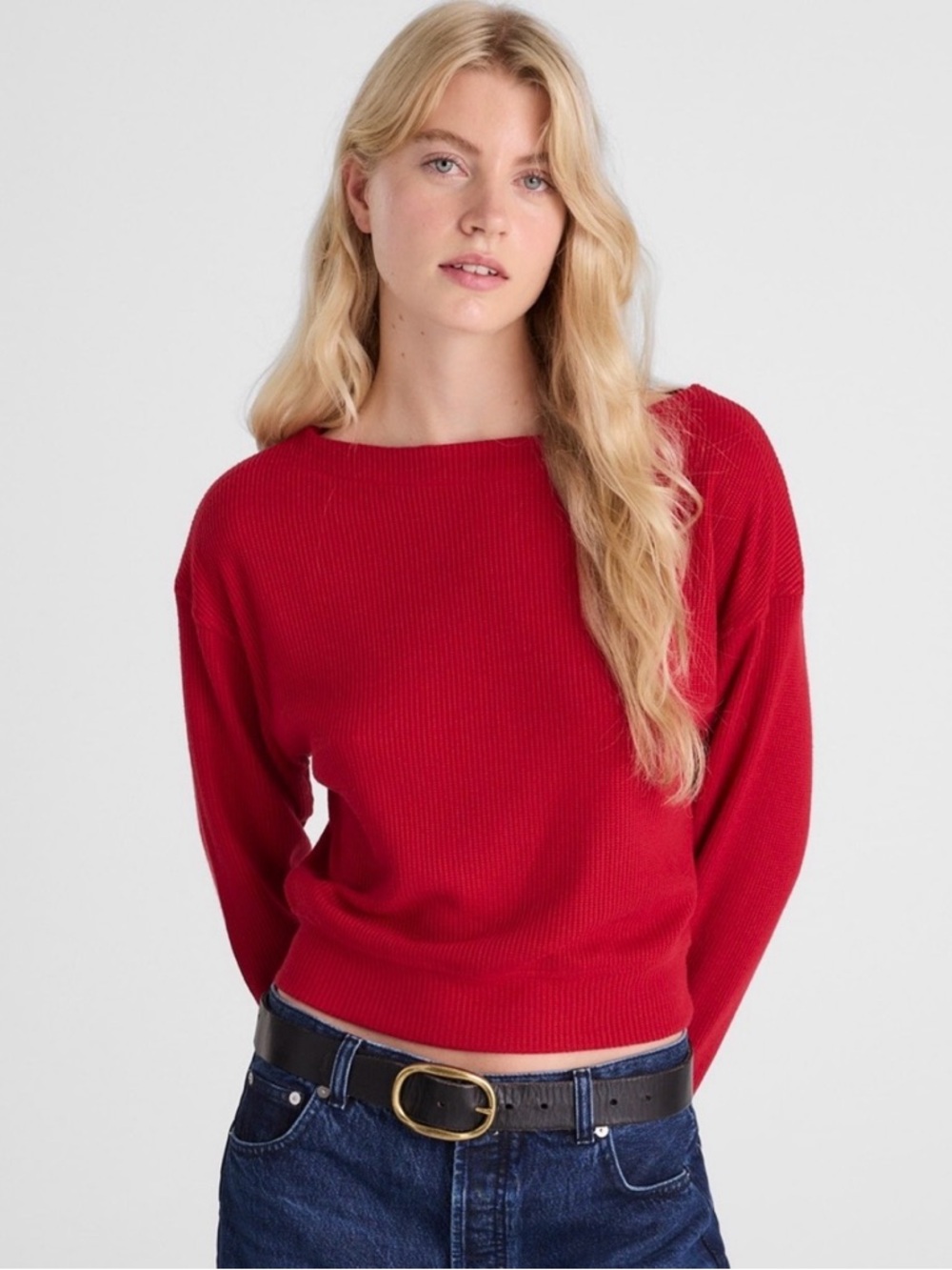 New! Madewell Boatneck Drop Shoulder Red Ribbed Scoop-Neck Cropped Top Sweater